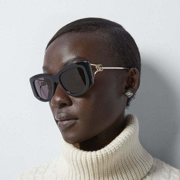 Gucci Women Sunglasses Black Gold Grey Butterfly GG1566S 001 BRAND NEW - Picture 1 of 11